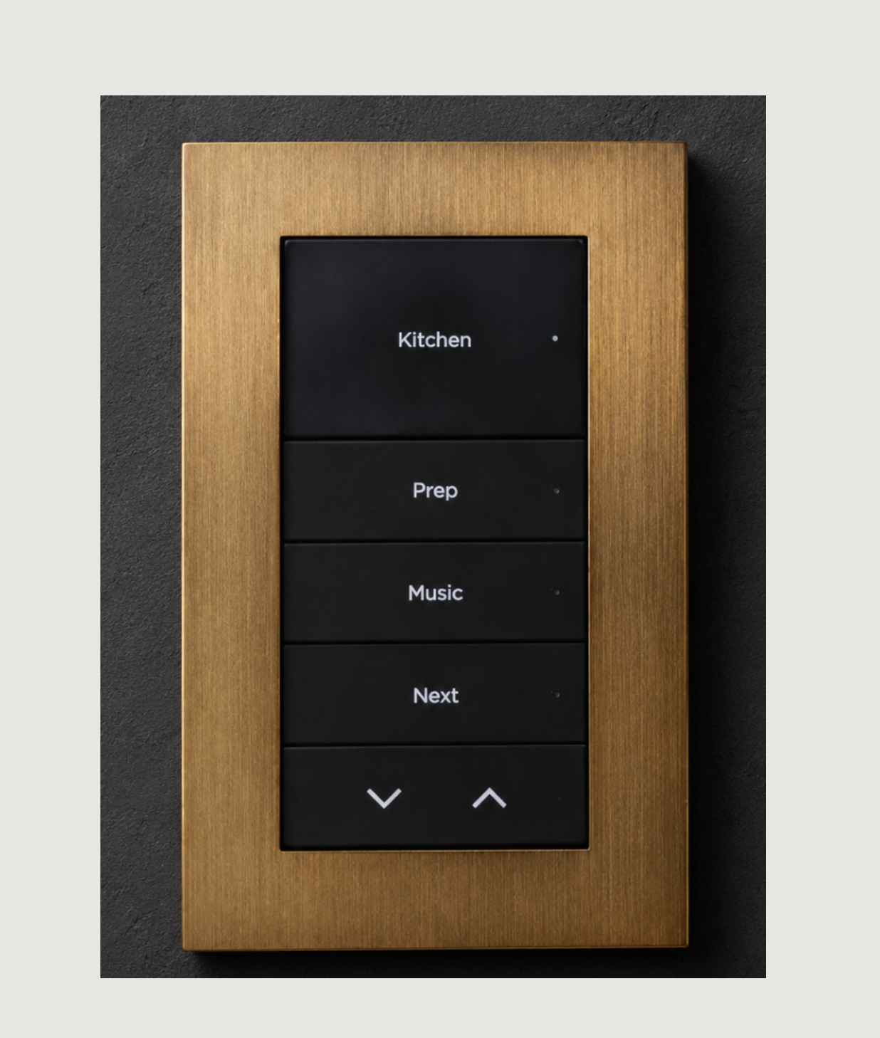 Control4 Lux keypad with brushed brass faceplate and black configurable engraved buttons