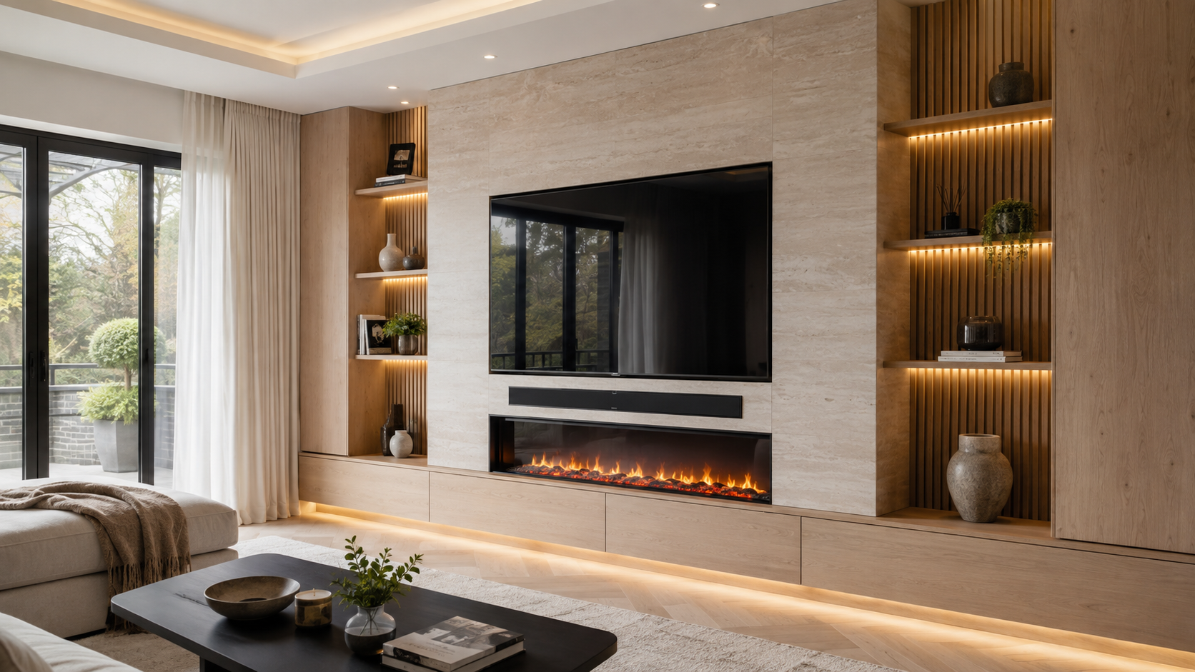 Bespoke media wall with electric fireplace, natural stone and oak slats