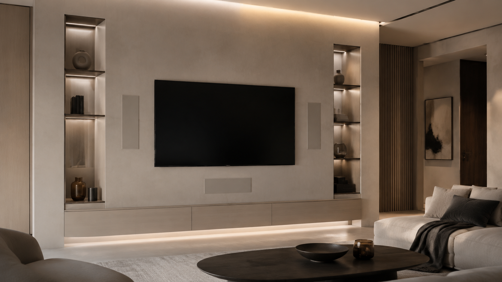 Minimalist architectural media wall with hidden speakers and floating cabinetry