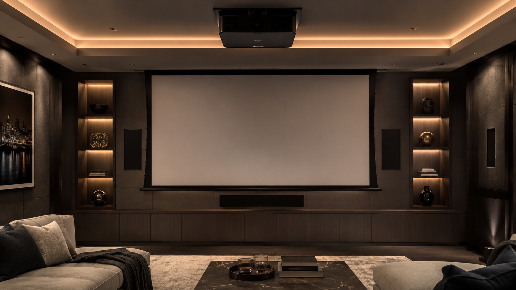 Luxury projector room with a motorised cinema screen, ceiling projector and full-width fitted cabinets beneath
