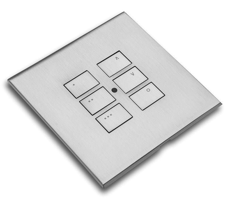 Rako EOS six-button screwless lighting control keypad in Satin Chrome