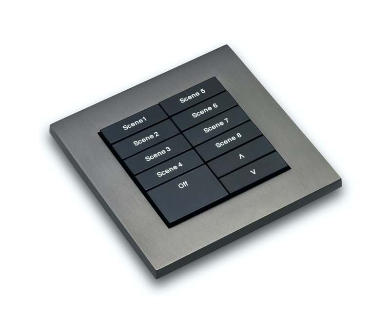 Rako Modular lighting control keypad with black buttons and metal surround